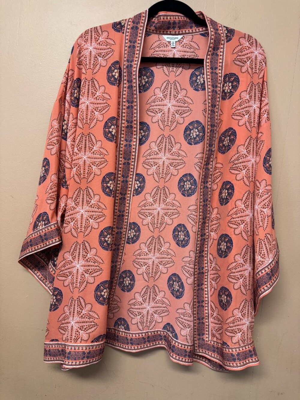 Max Studio Boho Kimono Size 1X Orange Medallions Half Sleeve Beach Resort
